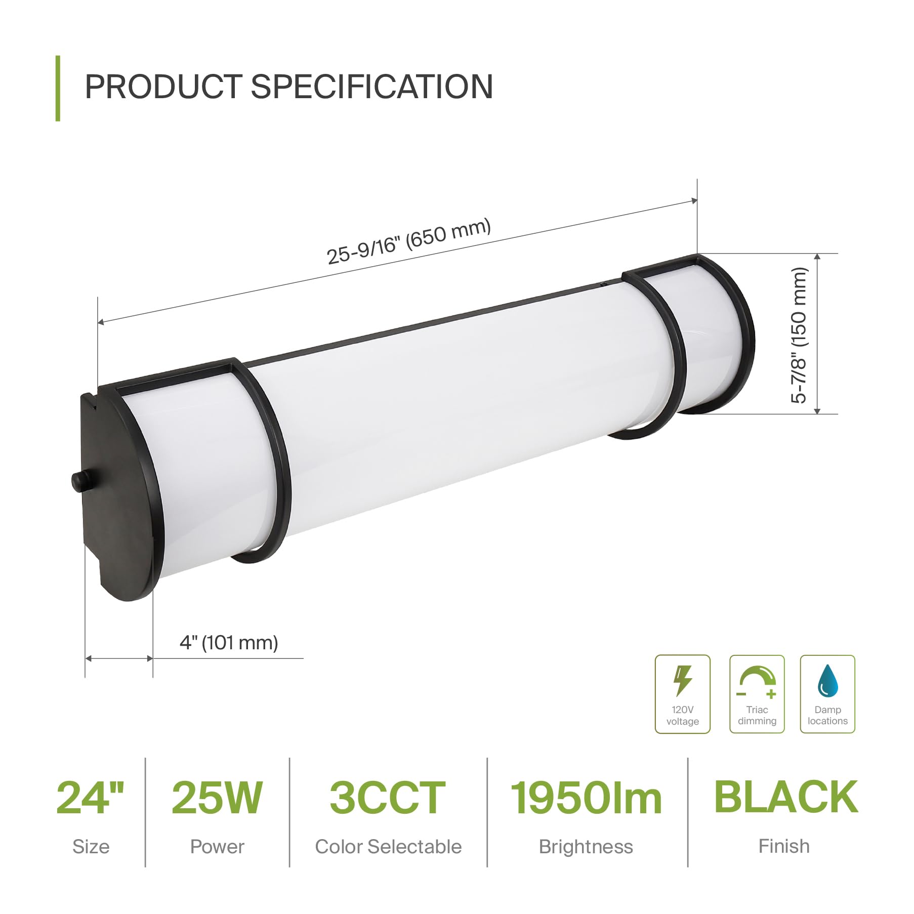 Asd Led 24 Inch Flush Mount Vanity Lighting Fixture | 25W 1950Lm 3000K-5000K 120V | 3Cct, Dimmable, Energy Star, Etl Listed | Ba