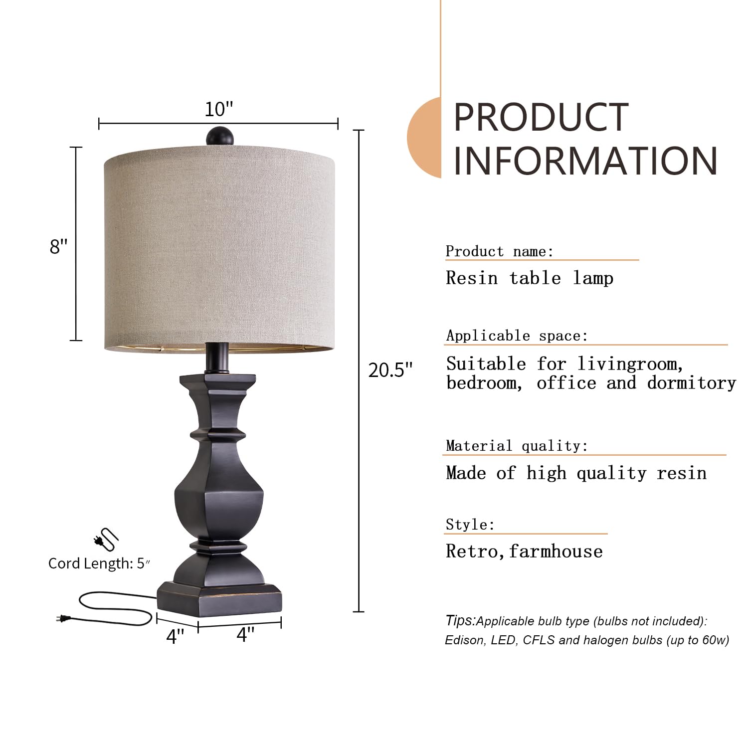 Pokat 20.5'' Mid Century Table Lamp Sets Of 2 For Living Room Retro Style Farmhouse Table Lamp For Bedroom Classic Beige Resin B