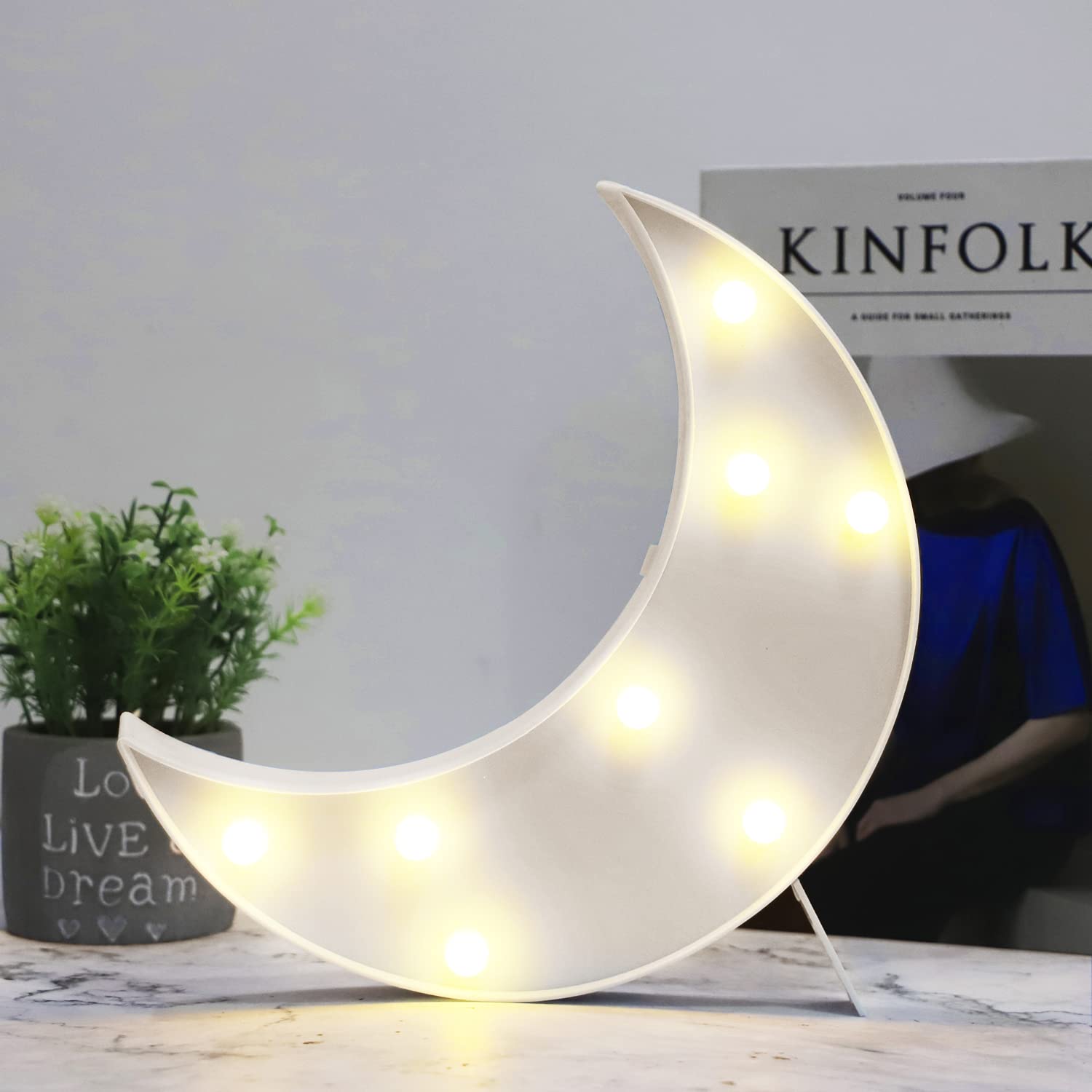 Vicila LED Moon Shaped Marquee Sign - Battery Operated White Crescent Moon Lamp for Bedroom, Christmas & Birthday Party Decor