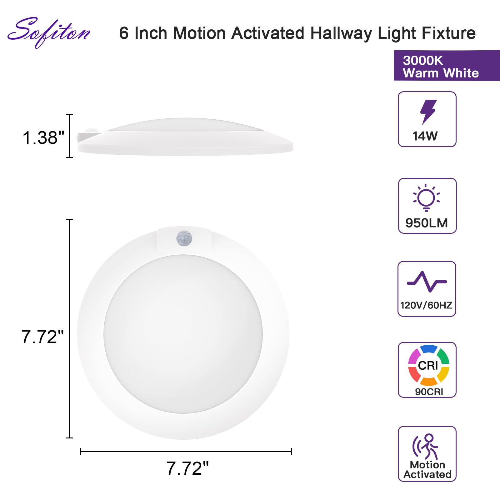 Sofiton LED Disk Lights Motion Sensor 14W 3000K Flush Mount Ceiling Light 6 Inch Metal 4 Pack