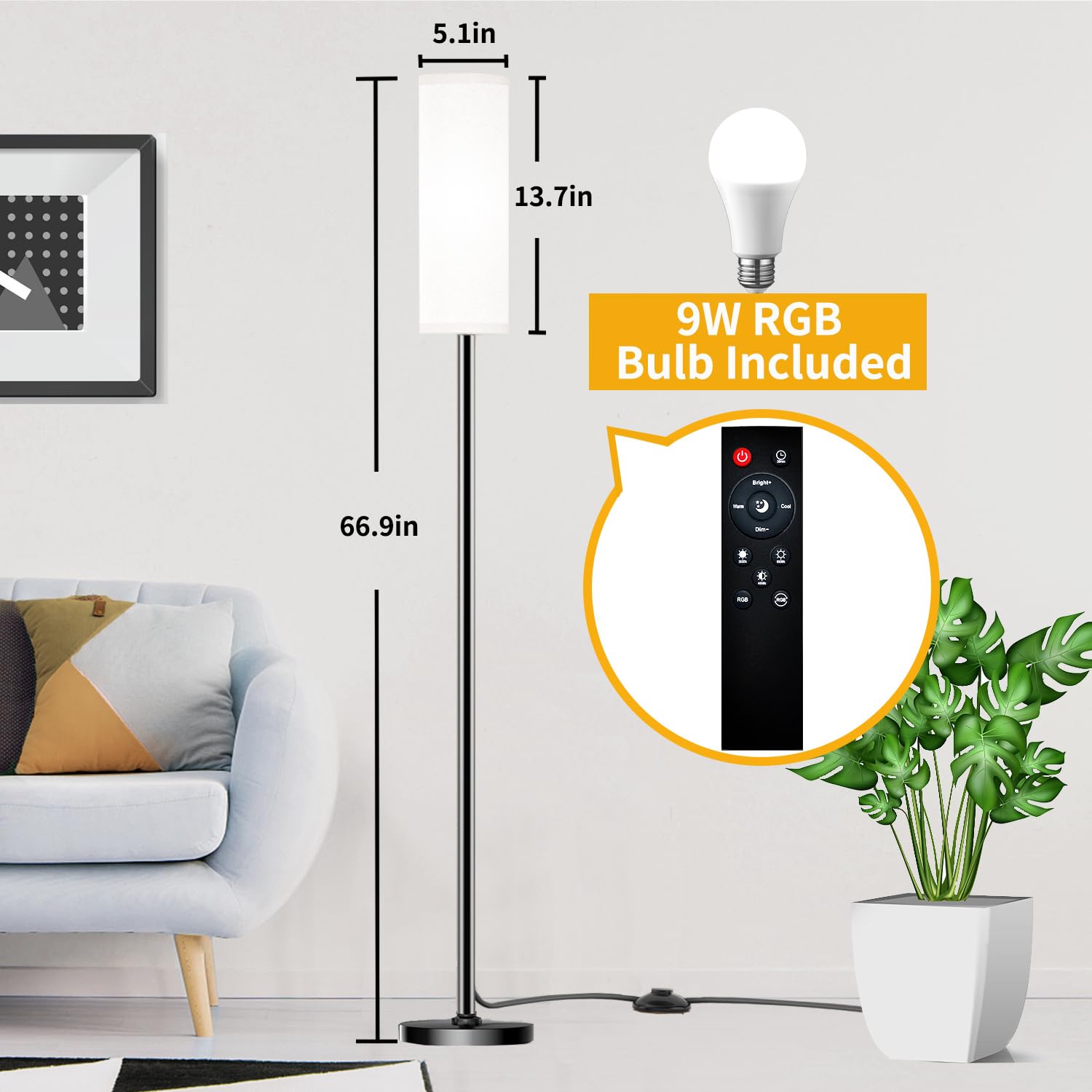 Qaubauyt Modern Led Floor Lamp With Remote, Dimmable Colors & Brightness, 9W Bulb, White