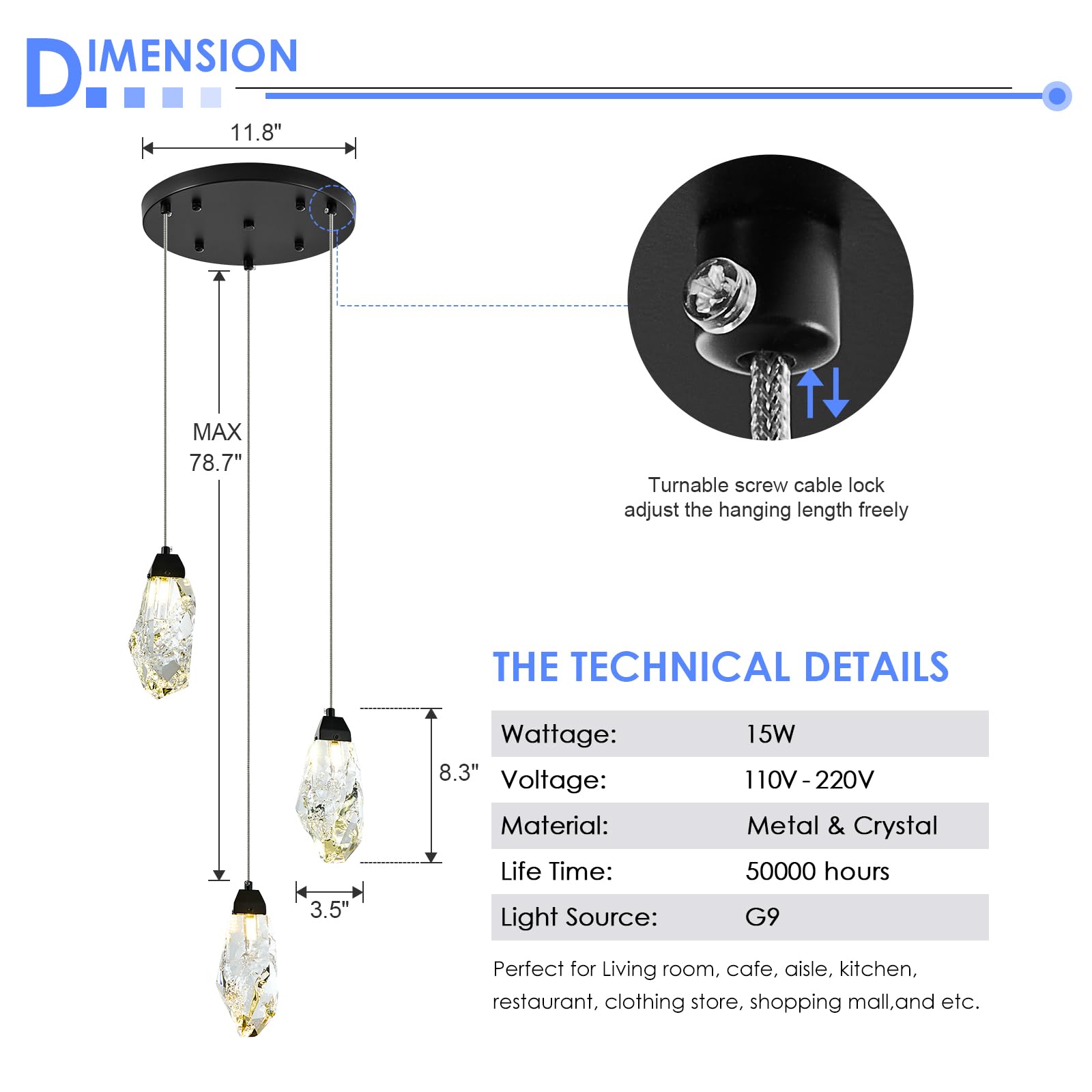 Kokaizeeki 3 Lights Crystal Pendant Light Modern Cluster Chandelier Dimmable Pendant Light Fixture With Black Teardrop Design St
