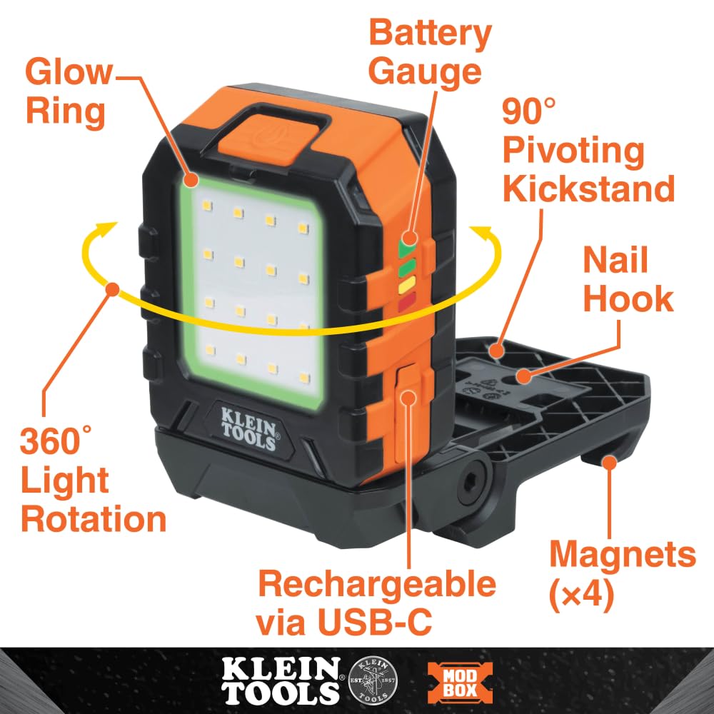 Klein Tools 56416 MODbox Rechargeable 1000-Lumen LED Area Work Light with Magnets, 3 Brightness Levels, 360-Degree Rotation, and