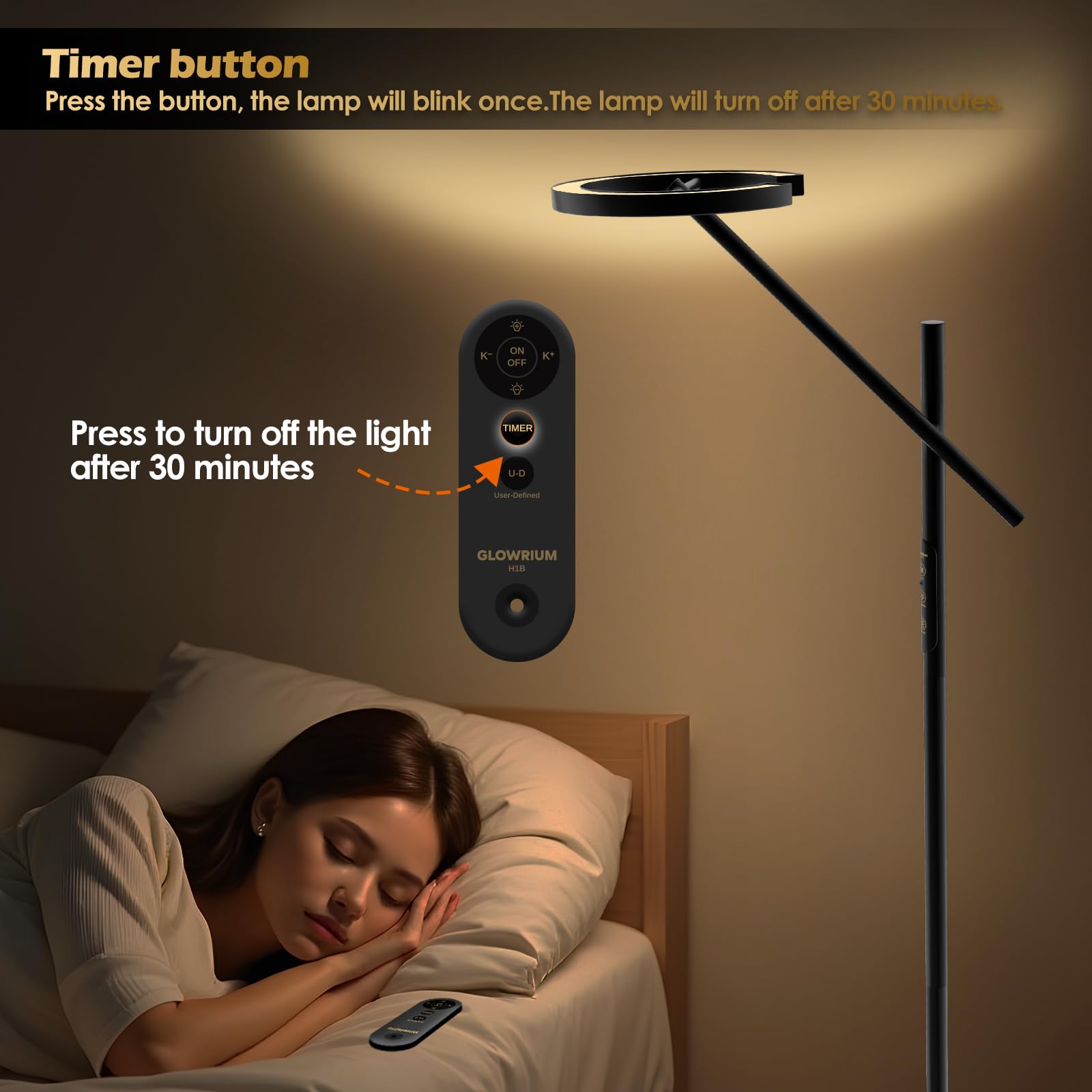 GLOWRIUM Floor Lamp - Stepless Dimmable, Rotatable, 2700-6500K, Modern Design, Black, Model GC047001