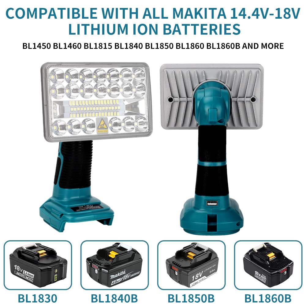 Work Light For Makita 18V Battery, 18W Flashlight, 2000Lm Portable Flood Light With Usb-A Port For Jobsite, Camping, Car Repairi