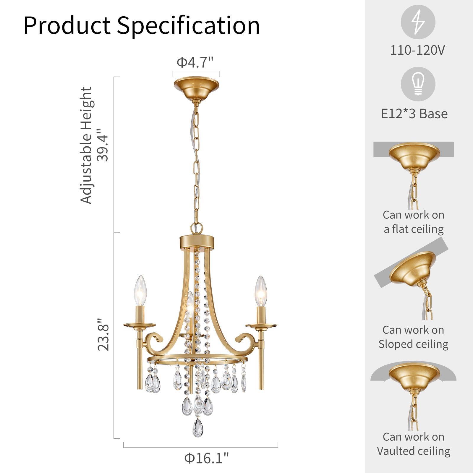 WUZUPS Candle Chandelier 3-Light Pendant Ceiling Light, Gold Metal, E12 Base, 16.1in Wide, 23.8in High, Model CAHD90039-G
