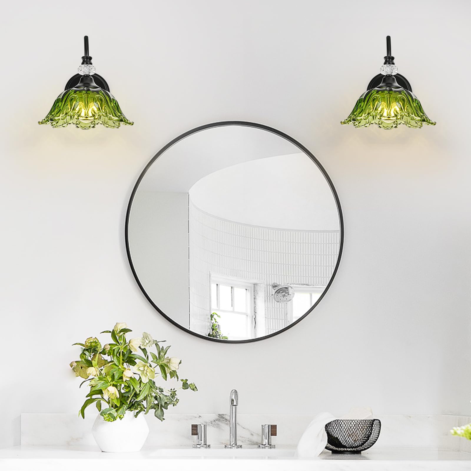 Sunkryster 1 Piece Black Wall Sconce With Floral Green Glass Shade  Black Farmhouse Wall Mount Lighting For Bathroom Vintage Bathroom Vanity Light Fixture