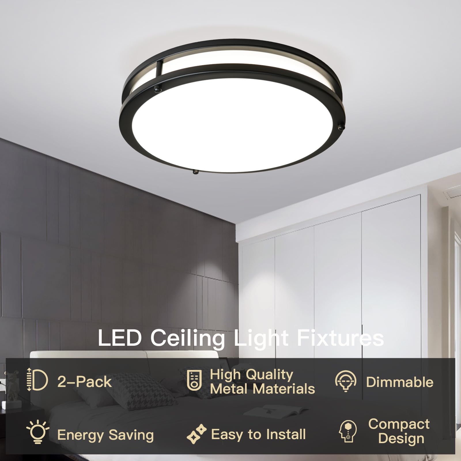 Elekeed 10Inch Ceiling Light Fixture 2 Pack Black, 24W Led Ceiling Light Fixture 2400Lm, Adjustable Brightness Flush Mount Ceili