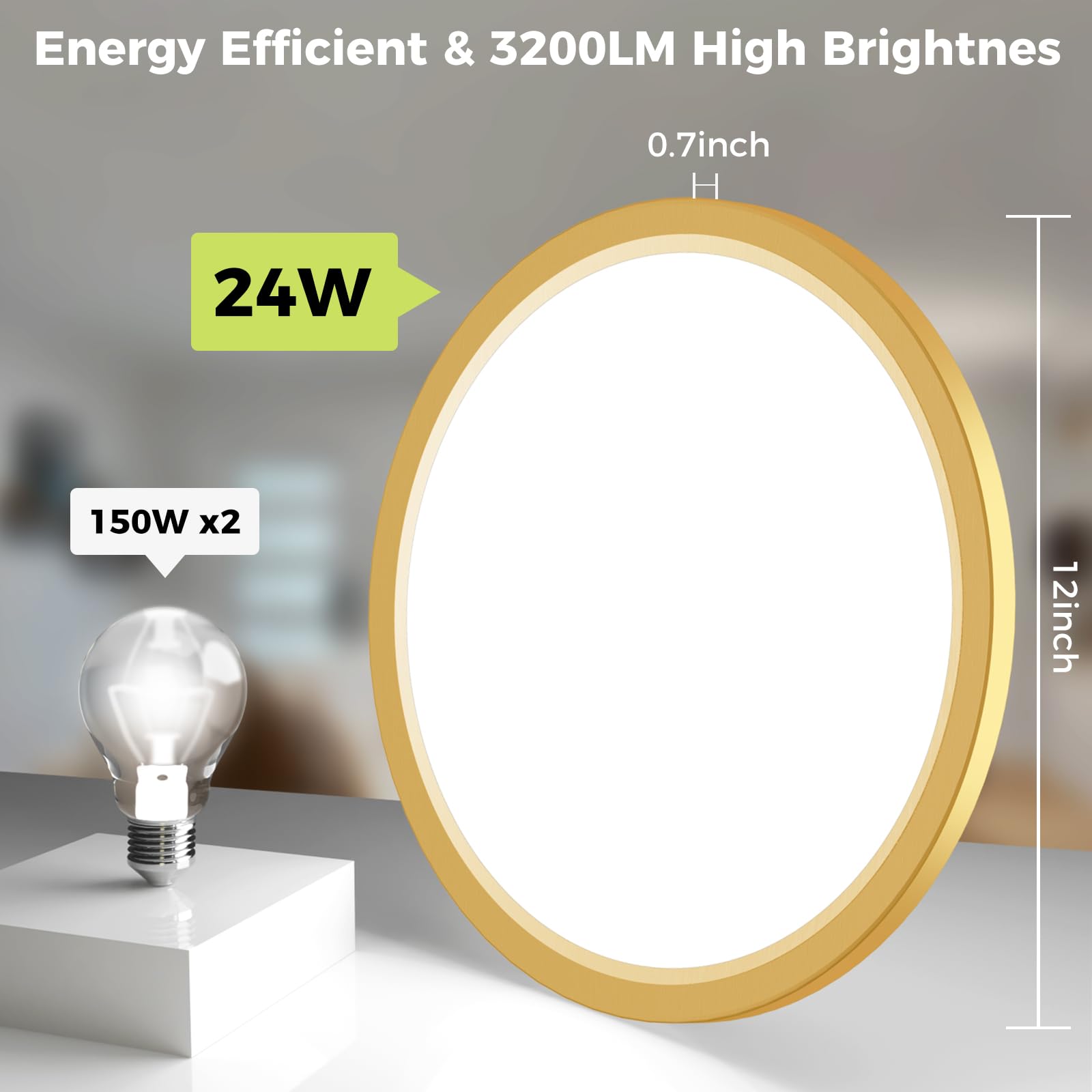 2Pack Led Flush Mount Ceiling Light Fixture Golden, 12Inch 24W, Dimmable&3000K-6500K Adjustable Low Profile Ceiling Lights, 3200