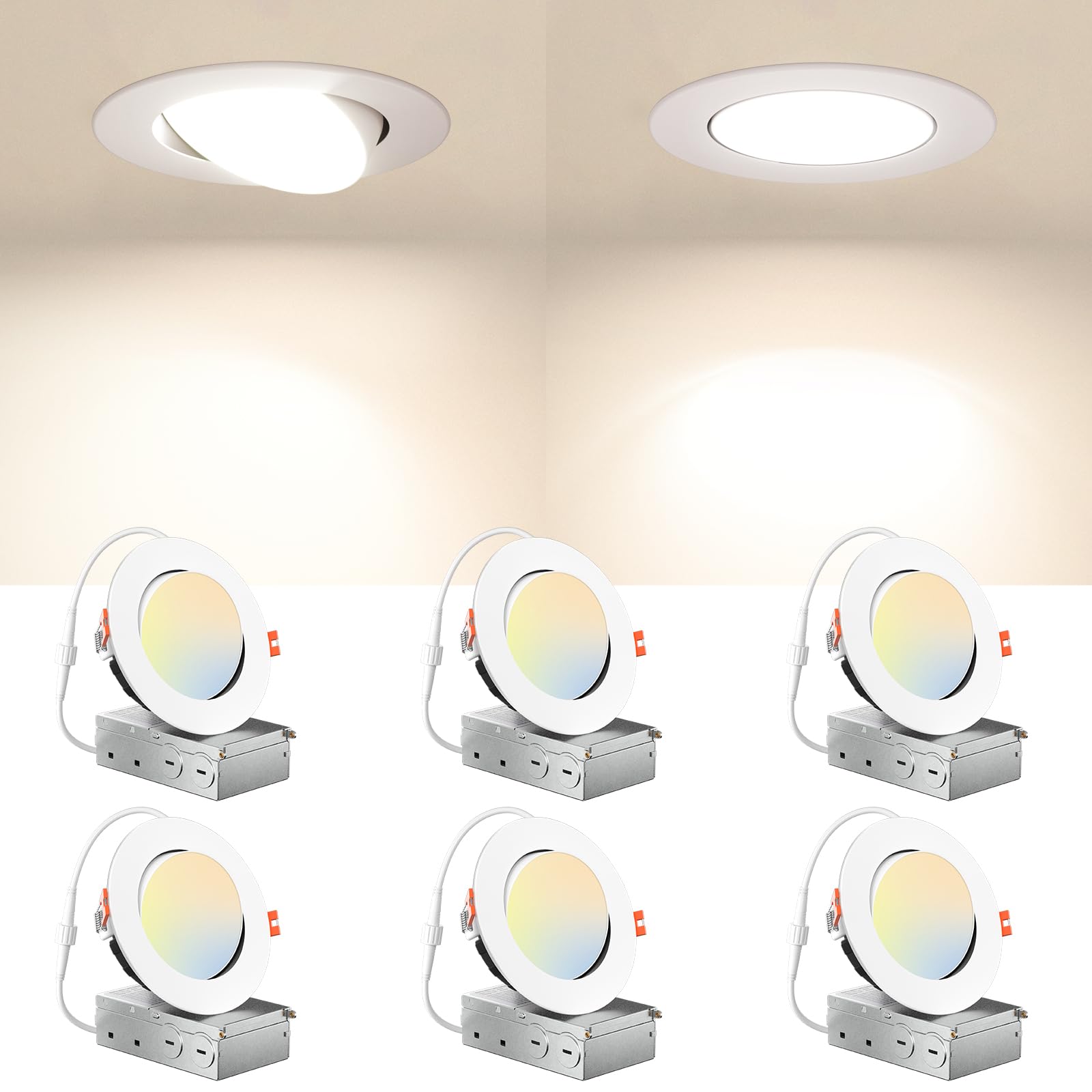 Amico 6 Pack 4 Inch 5Cct Gimbal Led Recessed Lighting, Directional Adjustable Ceiling Downlight, Angled Dimmable Canless Light With Jbox, 2700K-5000K Selectable, 10W=70W 800Lm, Etl&Fcc