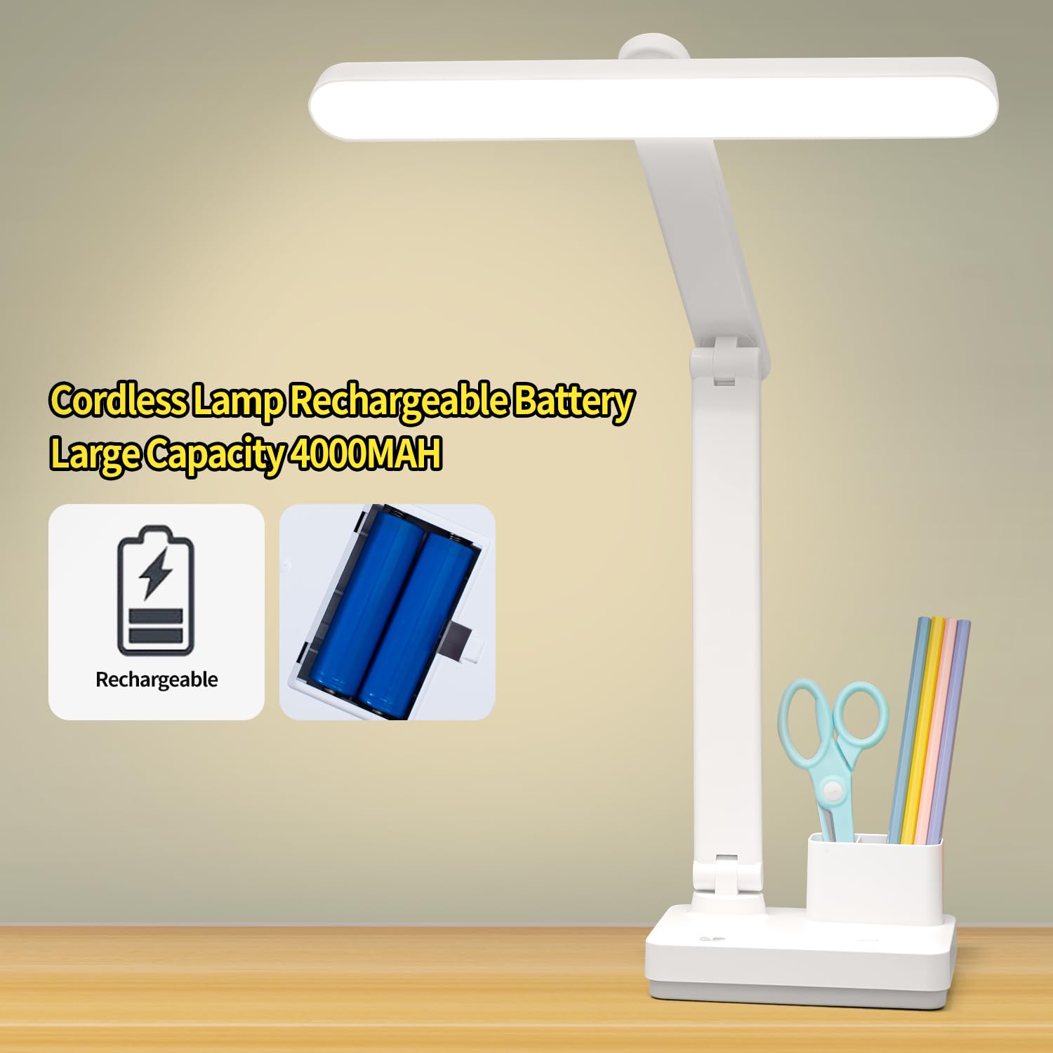 Maythank Cordless Desk Lamp - 50 Led, 20 Inch, Dimmable, Rechargeable 4000Mah, Touch Control, White, Large Size For Bedroom Or Office