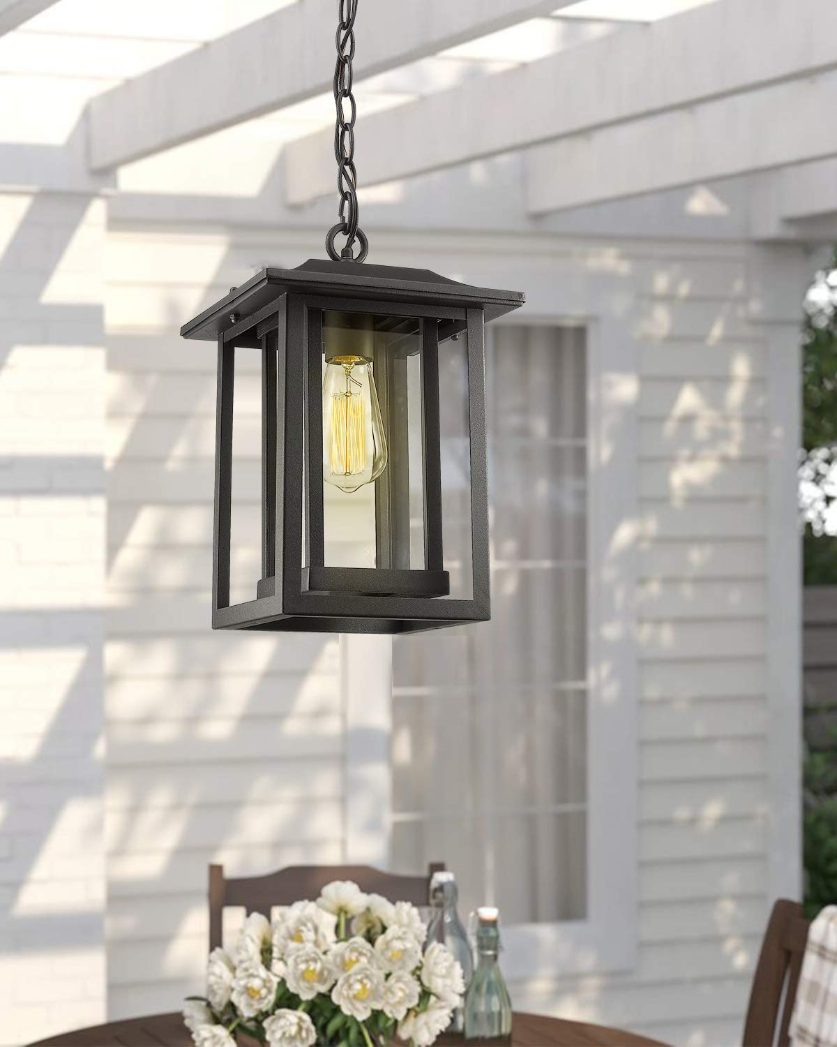 Beionxii Outdoor Pendant Light - Large Black Cast Aluminum Hanging Lantern, Clear Glass, Model A197H-1PK (13.5" x 9")