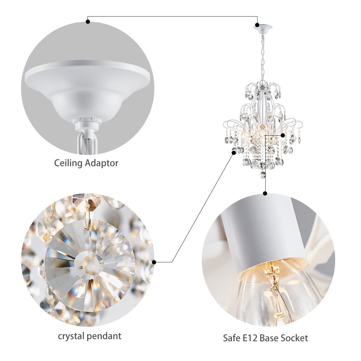 WUZUPS 5-Light Crystal Chandelier Pendant Light, 22.6" H x 19.2" W, Modern White Glass Fixture for Bedroom, Hallway, Kitchen, Model USHD