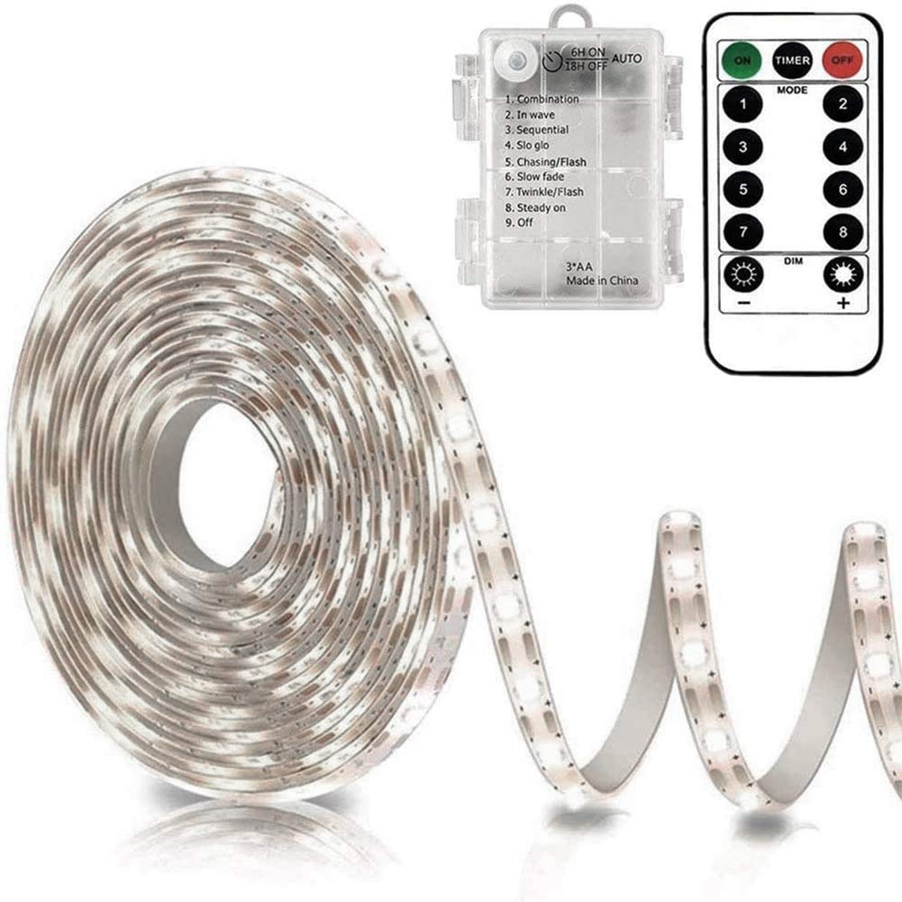echosari Battery Operated LED Strip Lights, 3m, 90 LEDs, Cool White, Dimmable, Remote, 8 Modes, Self-Adhesive, Cuttable