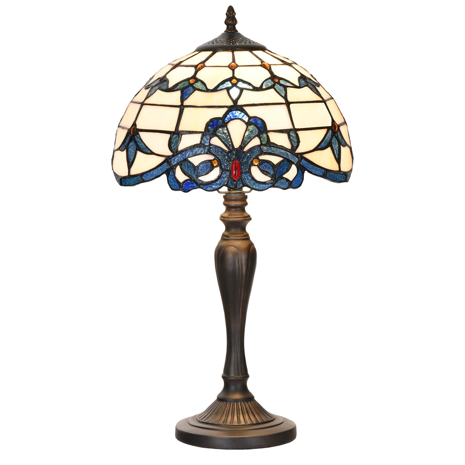 HomeBeauty Tiffany Table Lamp Bedside Stained Glass Lamp Blue Baroque Reading Desk Light 12X21.5 Inches for Bedroom Living Room 
