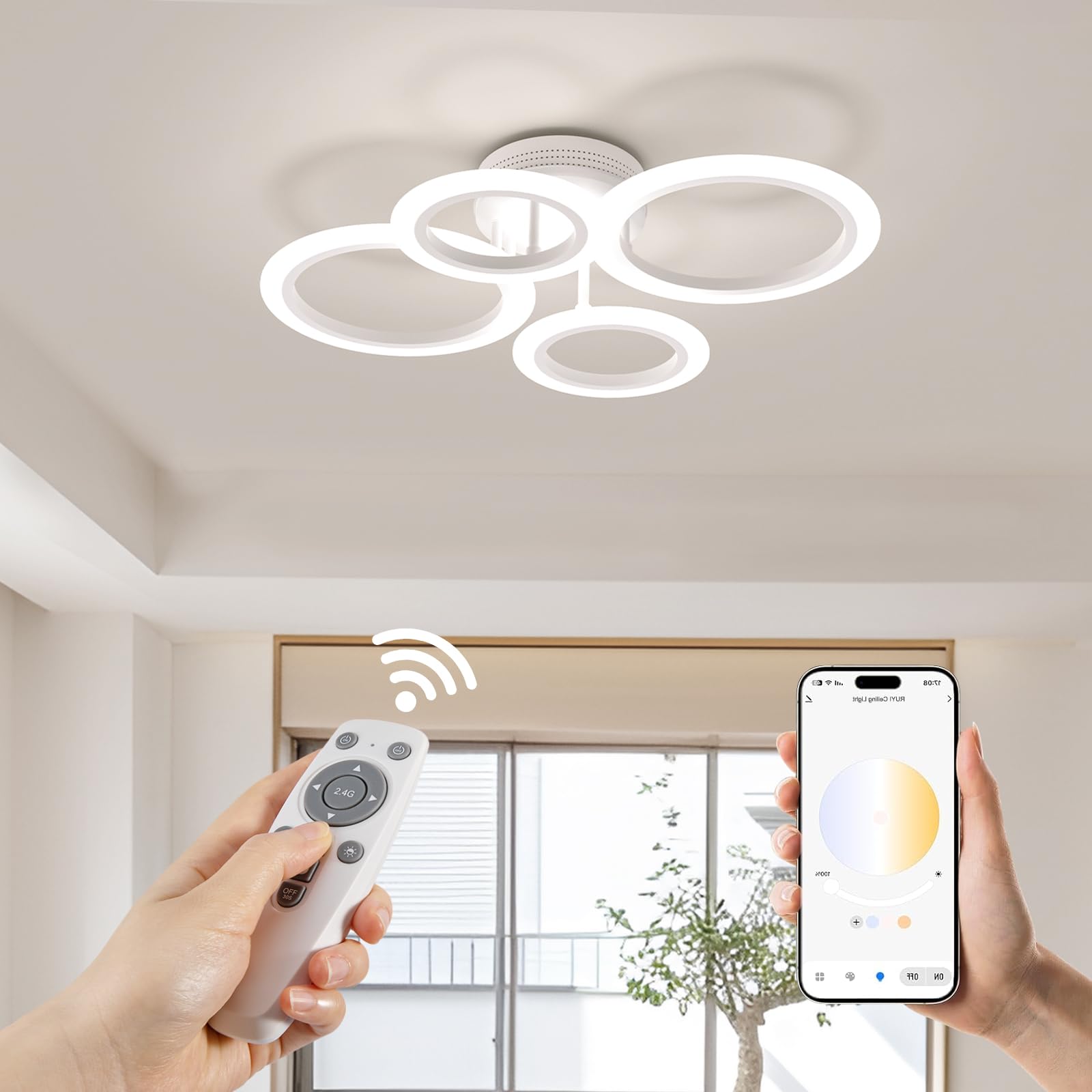 OUQI LED Ceiling Light 48W Dimmable 2800-7000K 4 Rings Modern Chandelier Flush Mount White Acrylic for Kitchen, Small Room, Bedroom