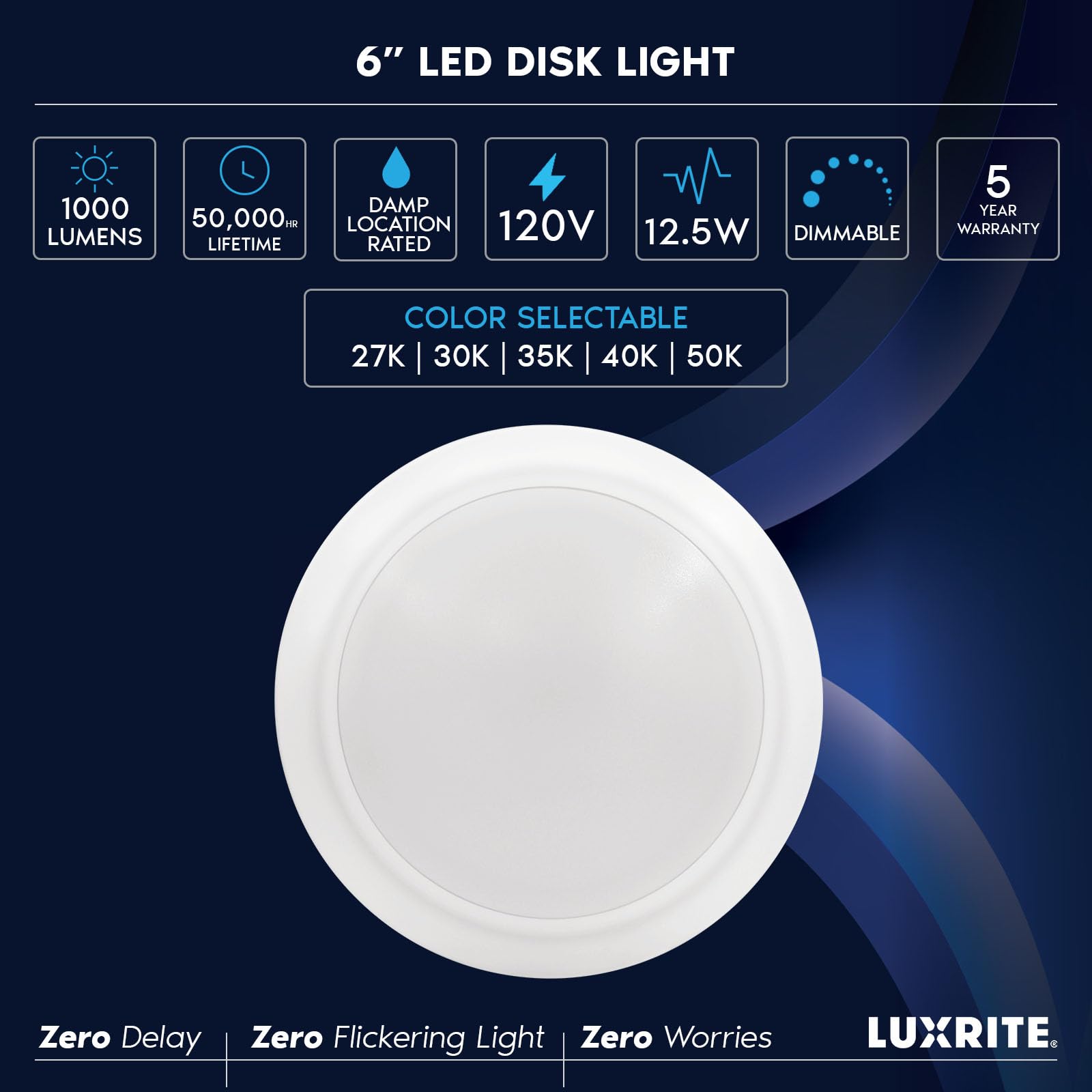 Luxrite 6 Inch Led Disk Lights  Dimmable Flush Mount Ceiling Light  5Cct Selectable 2700K 3000K 3500K 4000K 5000K  12.5W  1000Lm (White  6 Count (Pack Of 1))