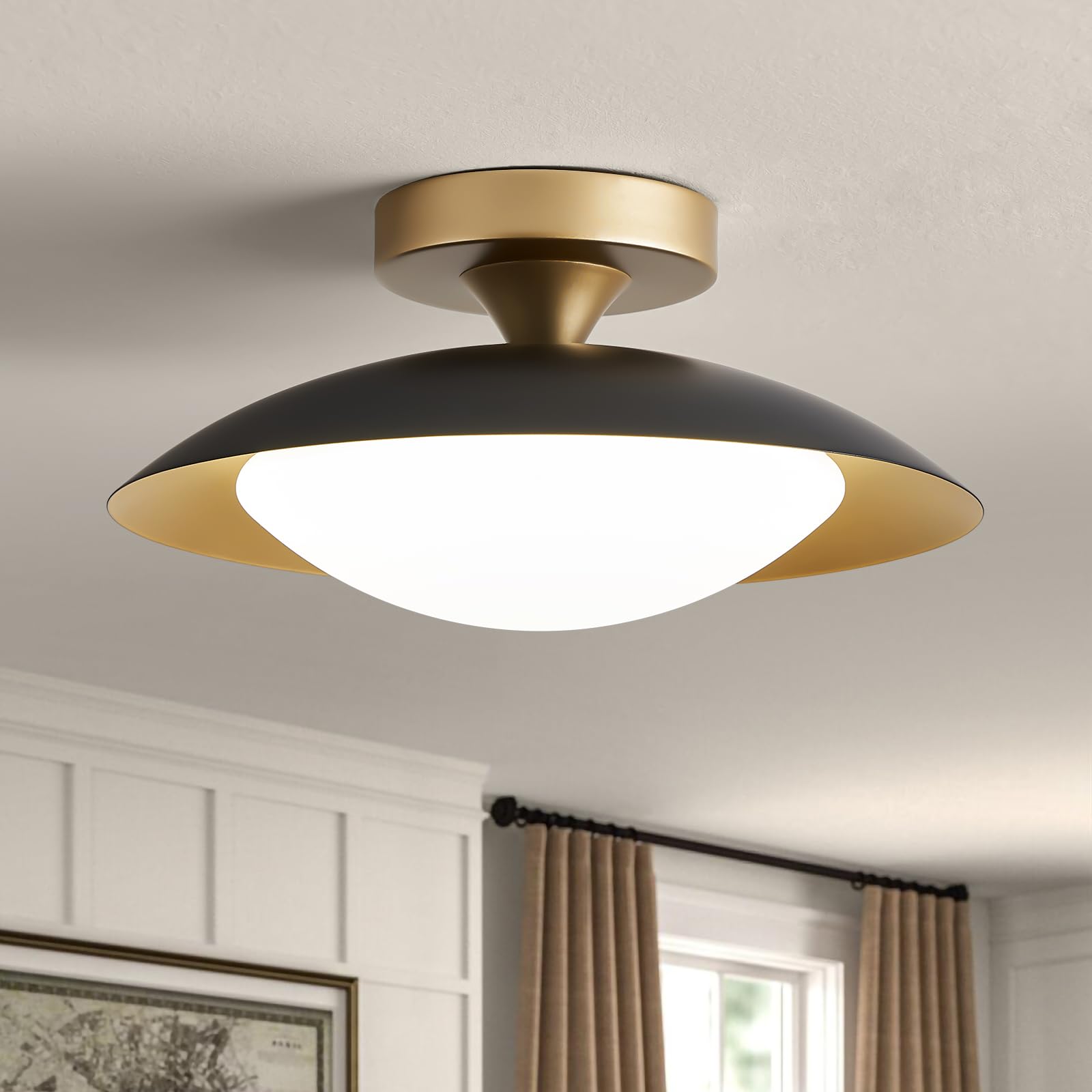 Dimmable Small Mid Century Modern Flush Mount Ceiling Light with Acrylic Shade,Black and Gold LED Ceiling Lights,5CCT 2700K-6000