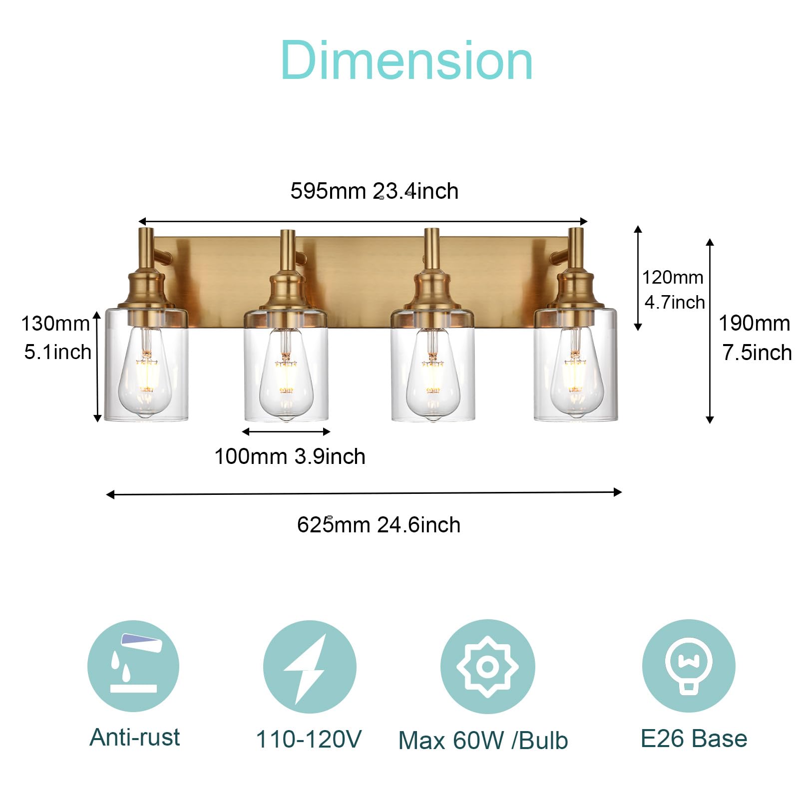 Wanluce 4 Light Vintage Brushed Brass Bathroom Vanity Light Fixtures Over Mirror With Clear Glass Shades, Farmhouse Wall Sconces