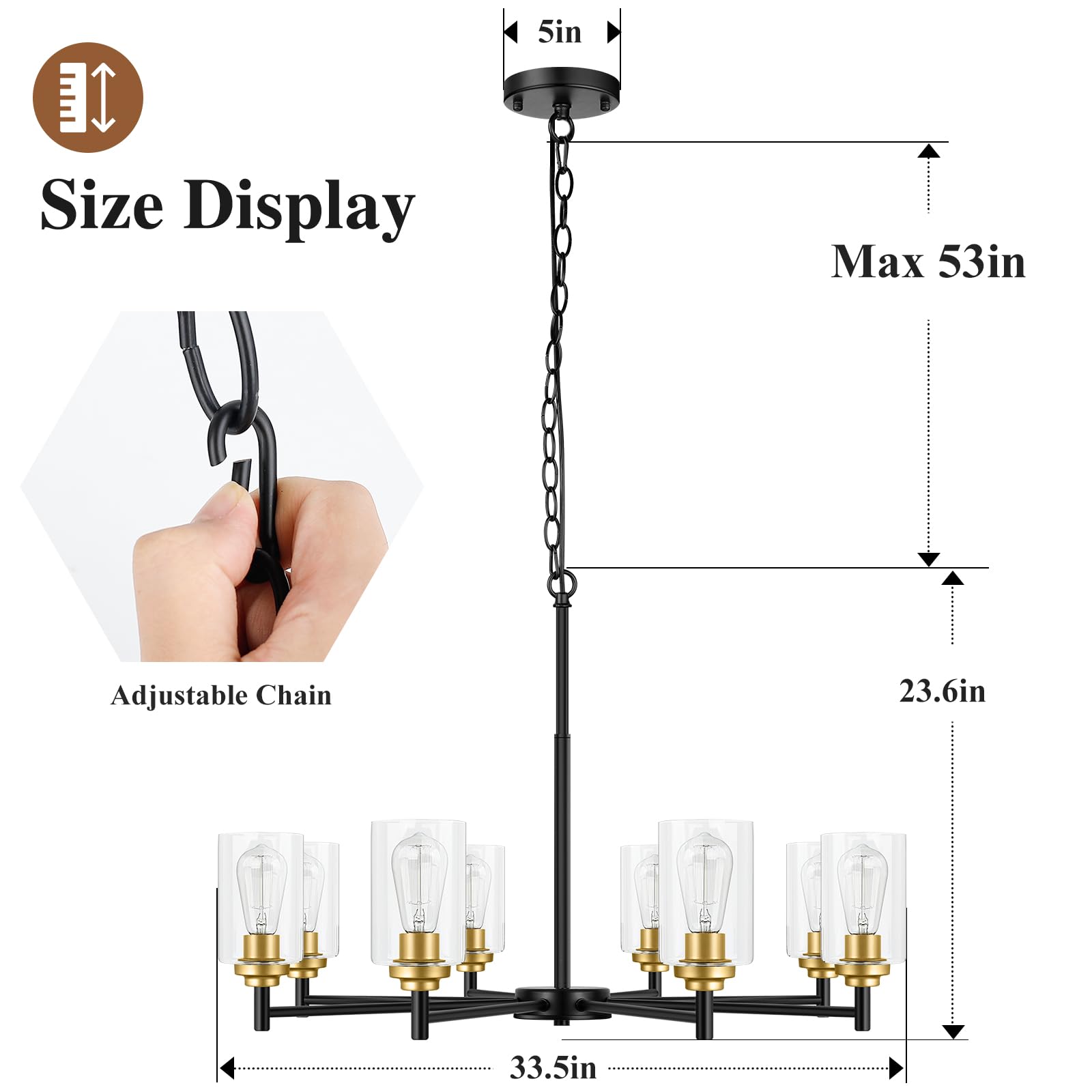 Sucolite 8-Light Black & Gold Chandelier - Modern Farmhouse Pendant Lighting For Dining Room, Height Adjustable, Model 3358-P8-Bk