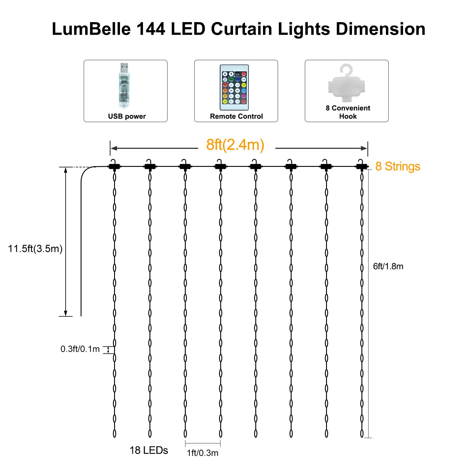 Lumbelle Fairy Curtain Lights Warm White Led Curtain Lights Usb Powered 8 Modes Hooks Outdoor Curtain String Lights Waterproof F