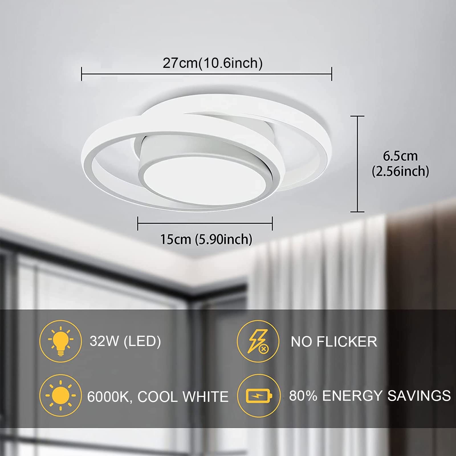 Caneoe 2 Packs Small Modern Led Ceiling Light 2 Rings Creative Design Ceiling Lamp Indoor Hallway Lighting Fixtures For Hallway Living Room Bedroom Kitchen Office (White)