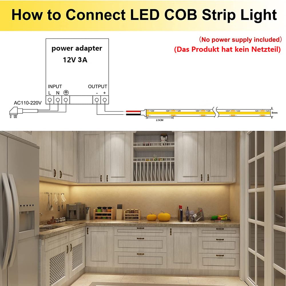 Topai 12V Cob Led Strip Light, Warm White, 16.4Ft, Ip65 Waterproof, 480 Leds/M, Model Cobw1-480, High Density For Diy Projects