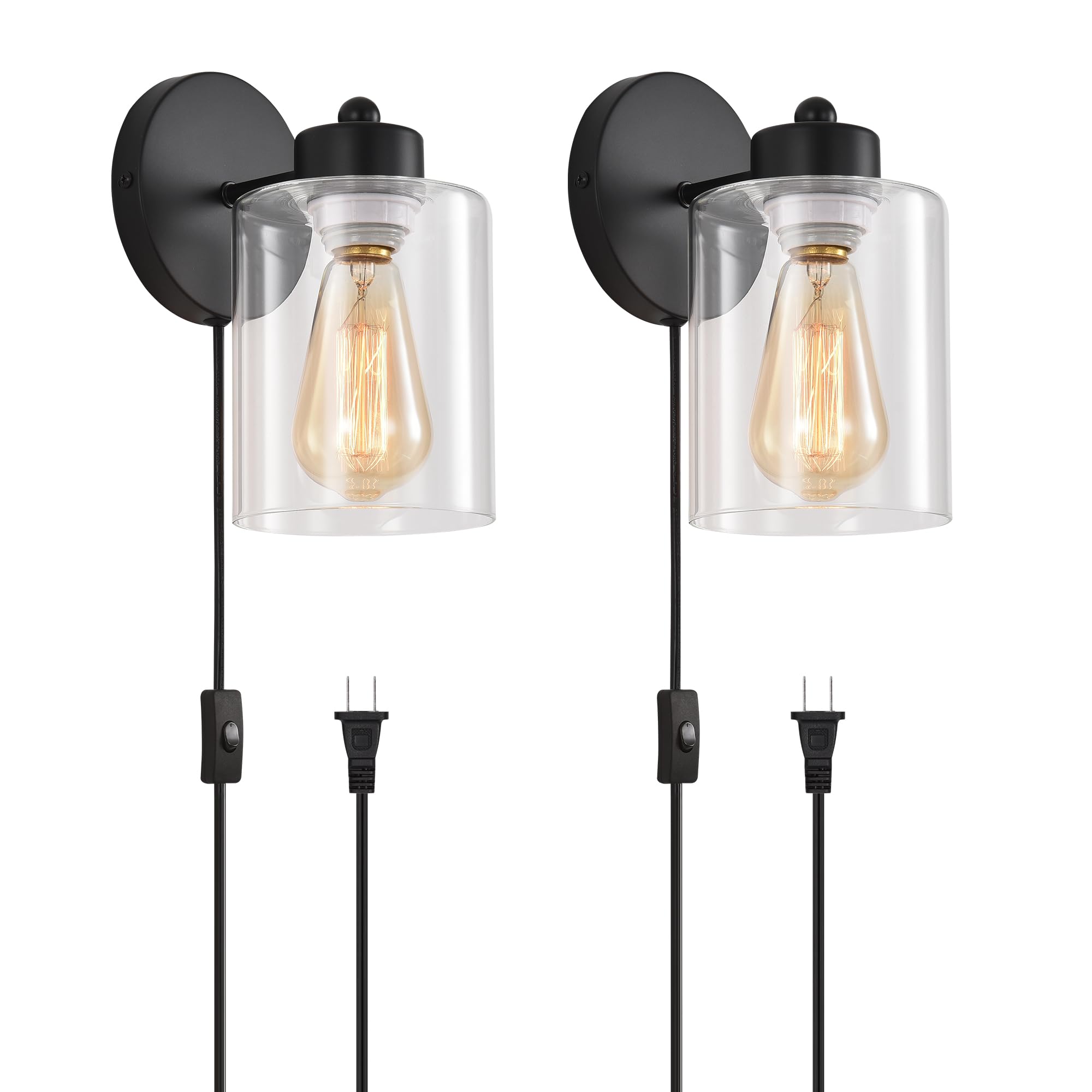 KENMI Metal Wall Sconces, 2 Pack Matte Black Bathroom Lighting, Clear Glass Shade, Model W12W