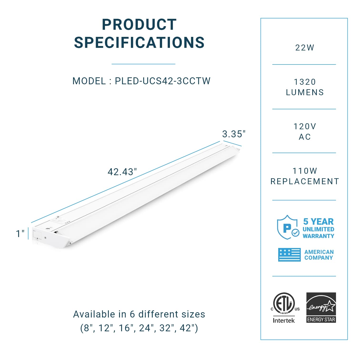 Parmida Led Swivel Under Cabinet Lighting, Hardwired Or Plug-In Installation, 42 Inch, 22W, 3Cct Color Selectable - 3000/4000K/5