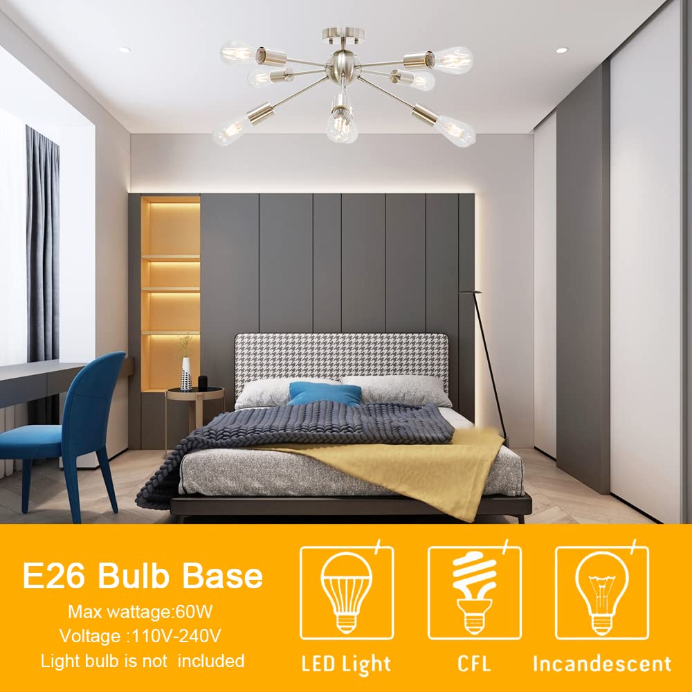 BONLICHT Contemporary 8 Light Sputnik Chandelier, Brushed Nickel, Semi Flush Mount Ceiling Light for Kitchen, Dining Room, Bedroom