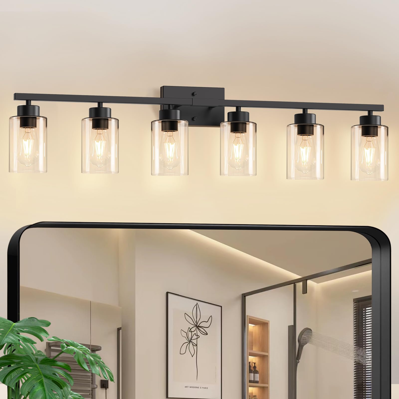 IZORRO Modern Bathroom Light Fixtures, 6 Light Black Vanity Lights, Bathroom Lighting Fixtures Over Mirror with Clear Glass for 