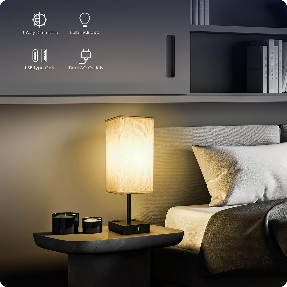 Bedside Table Lamp For Bedroom - Touch Small Lamp With Usb C+A Charging Ports & Ac Outlets, 3 Way Dimmable Nightstand Light For
