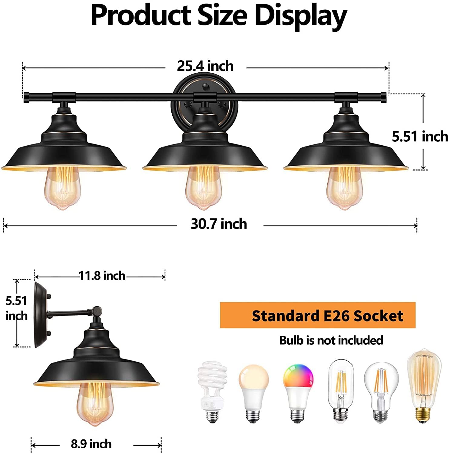 Elibbren Farmhouse Rustic Style Vintage 3-Lights Vanity Wall Sconces Lighting, Industrial Metal Black Bathroom Wall Light Fixtur