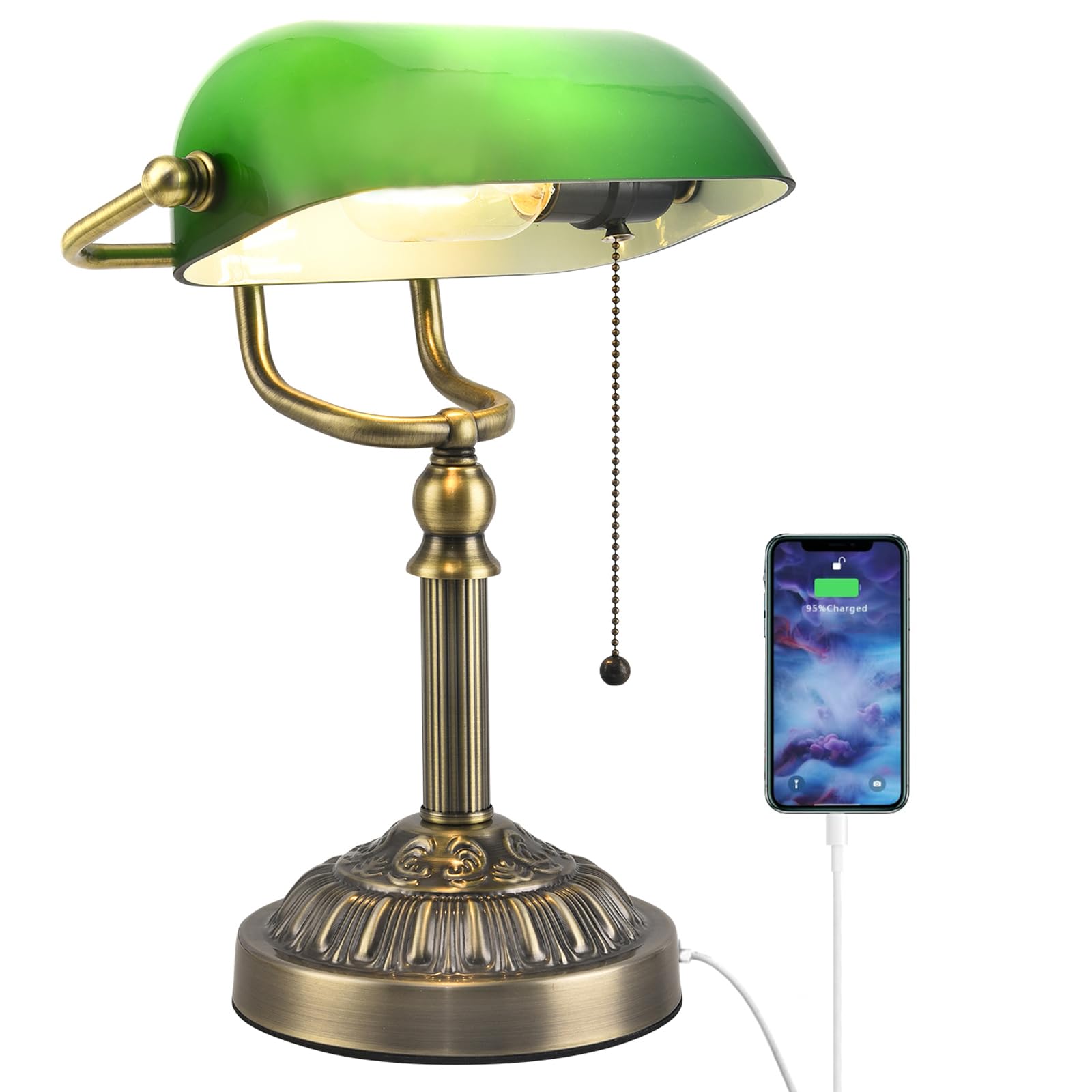 Rizzyluz Green Glass Bankers Desk Lamp, Vintage Desk Lamp With Usb Charging Port, Traditional Farmhouse Table Lamp, Mid Century