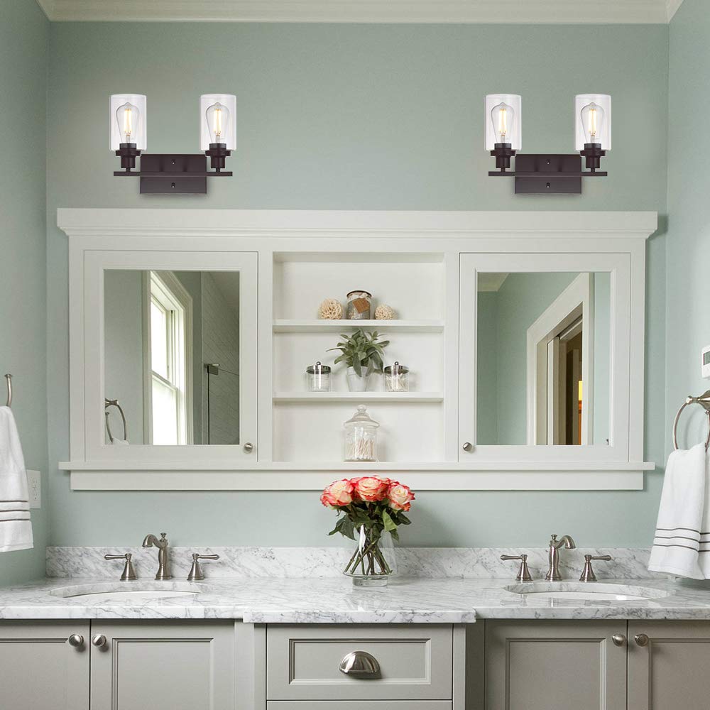 MELUCEE 2-Light Industrial Bathroom Lighting Wall Mount Sconces, Oil-Rubbed Bronze, Clear Glass Shade, Model 716852865307