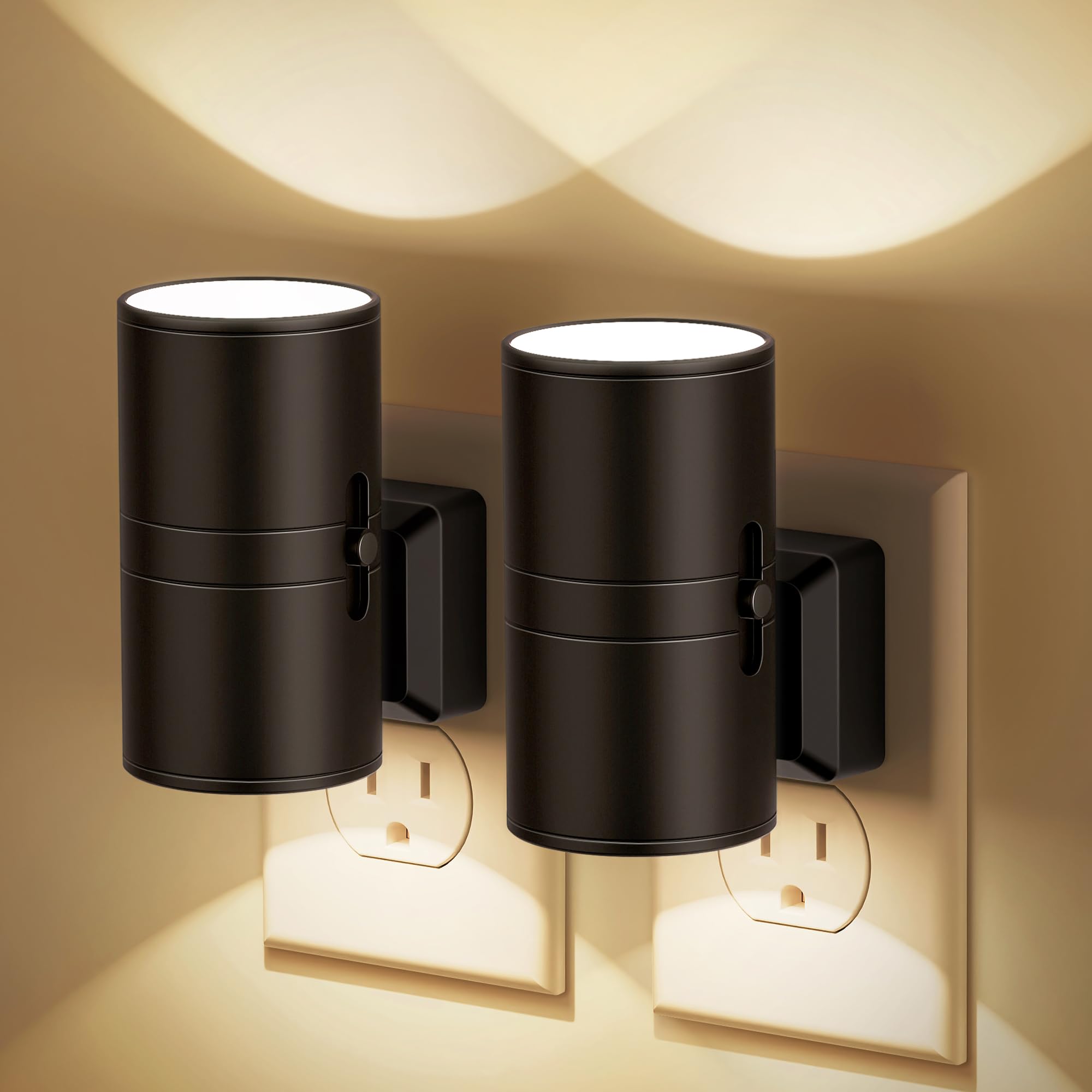 JandCase Dimmable Night Light Plug in with Dusk to Dawn Sensor, Soft White 3000K, Adjustable Brightness, 2 Pack, Warm - Black Shade