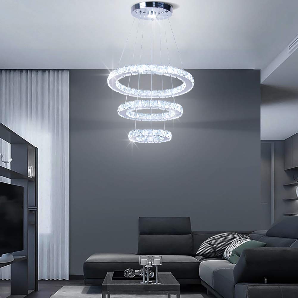 diisunbihuo LED Chandelier Pendant Light 3 Rings Adjustable Stainless Steel 20/30/40 Cool White Model 43238-149827