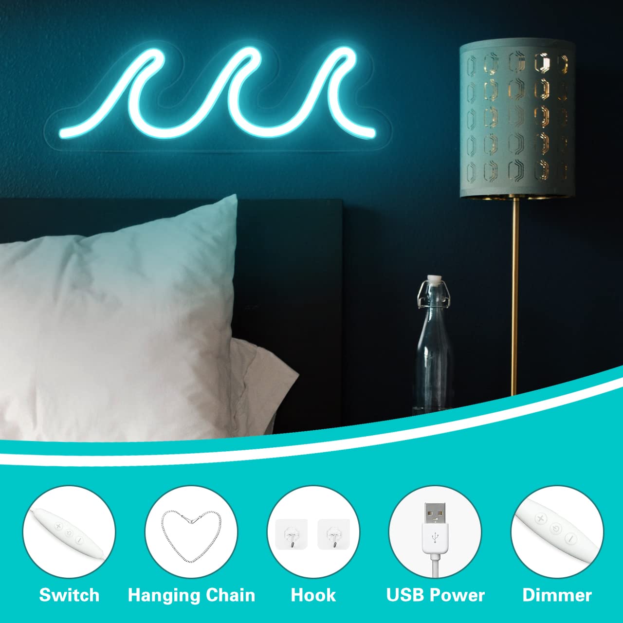 Imegina Wave Ice Blue Led Neon Sign - Usb Powered Wall Decor With Dimmer, 13.7X5 Inch