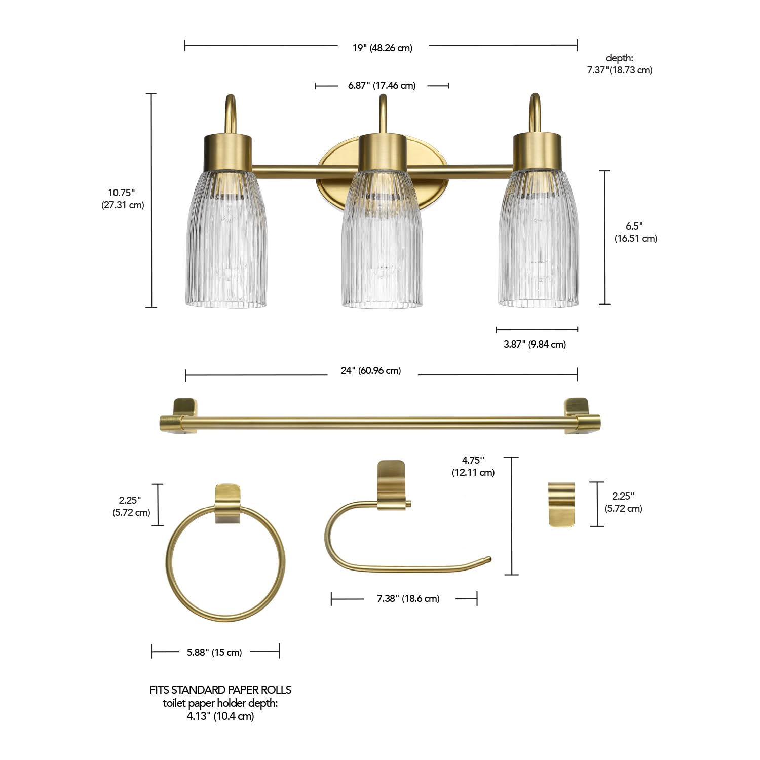 Globe Electric 63000208 5-Piece All-In-One Bathroom Accessory Set With 19'' 3-Light Vanity Light, Matte Brass, Ribbed Glass Shad