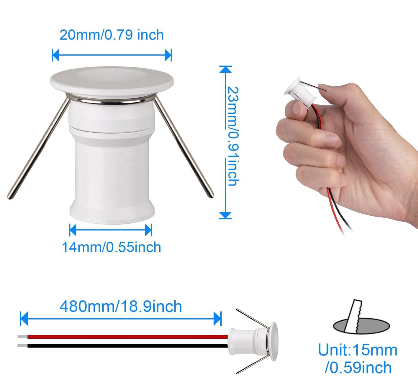 HHTUN LED Mini Spotlight 120° 1W Aluminum DC12V 75lm 3000K White Model HT-902, 9-Pack for Cabinet Lighting
