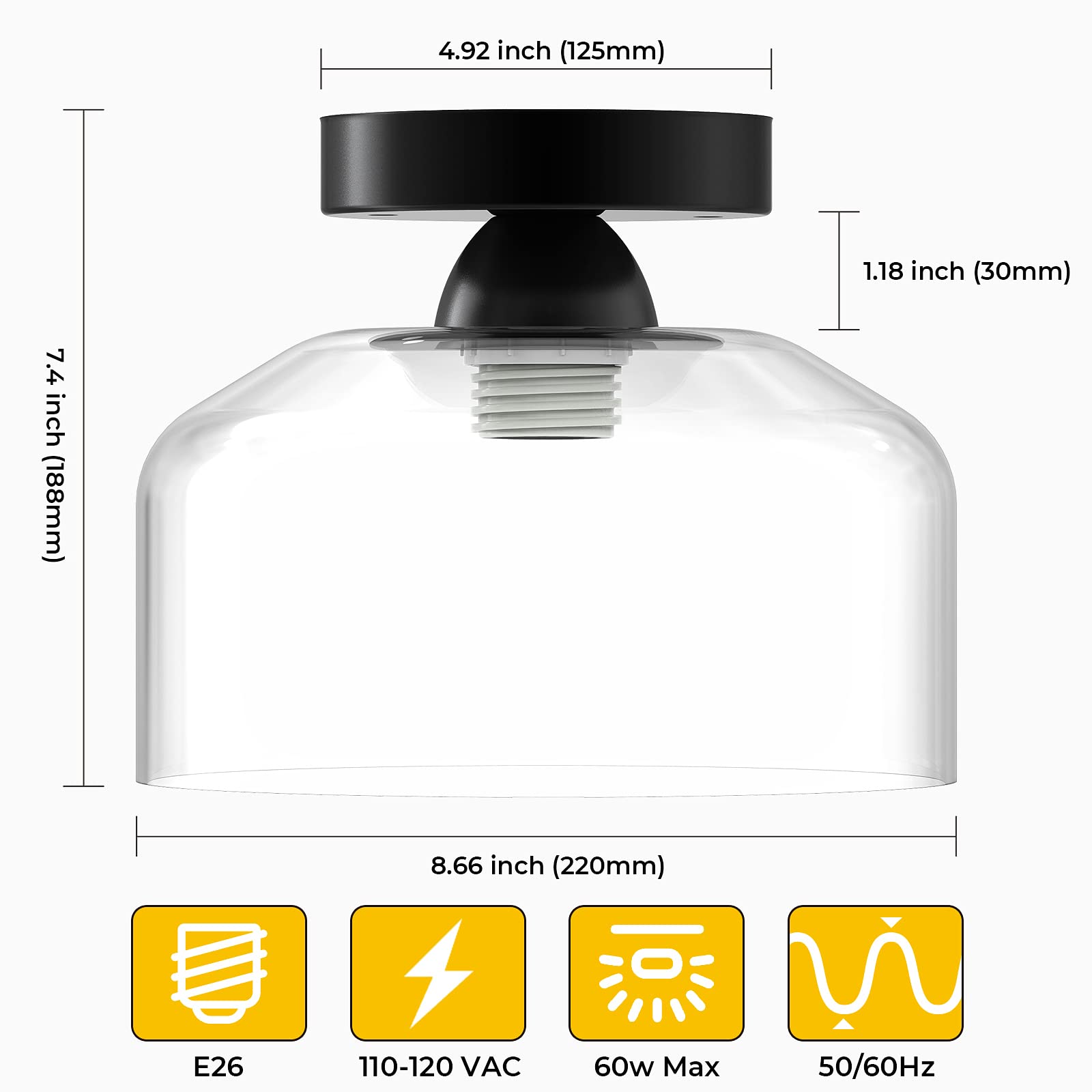 Semi Flush Mount Ceiling Light - Clear Glass Pendant Lamp Shade, Matte Black Finish, Modern Farmhouse Light Fixture For Hallway Corridor Kitchen Entryway Bedroom, Bulb Not Included