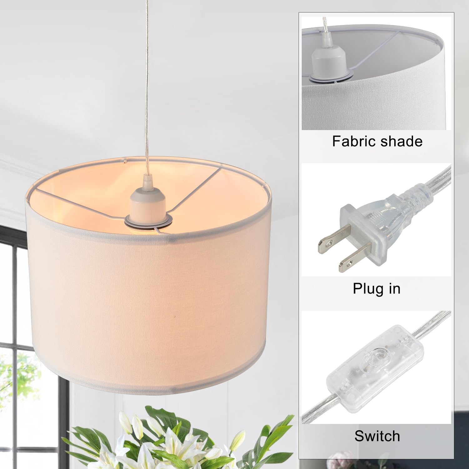 Ihengyanlt 2 Pack Plug In Pendant Light, Hanging Light With 15Ft Clear Cord, On/Off Switch, White Fabric Lamp Shade, Hanging Light Fixture For Bedroom, Kitchen, Living Room, Dining Table