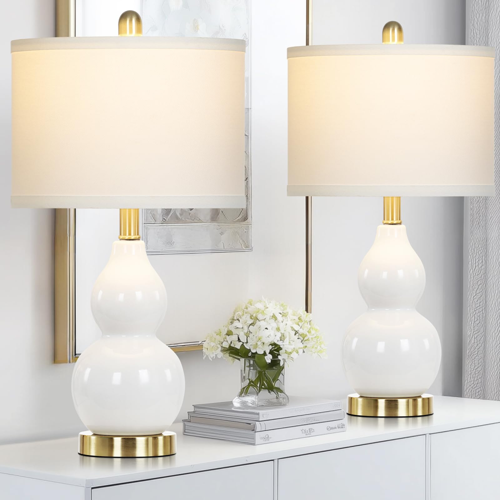 luxeflow 22 Modern Double Gourd Ceramic Table Lamps Set of 2  White Bedside Lamps for Living Room  Contemporary Nightstand Desk Lamps for Bedroom End Table Home Office Decor(2 LED Bulbs Included)