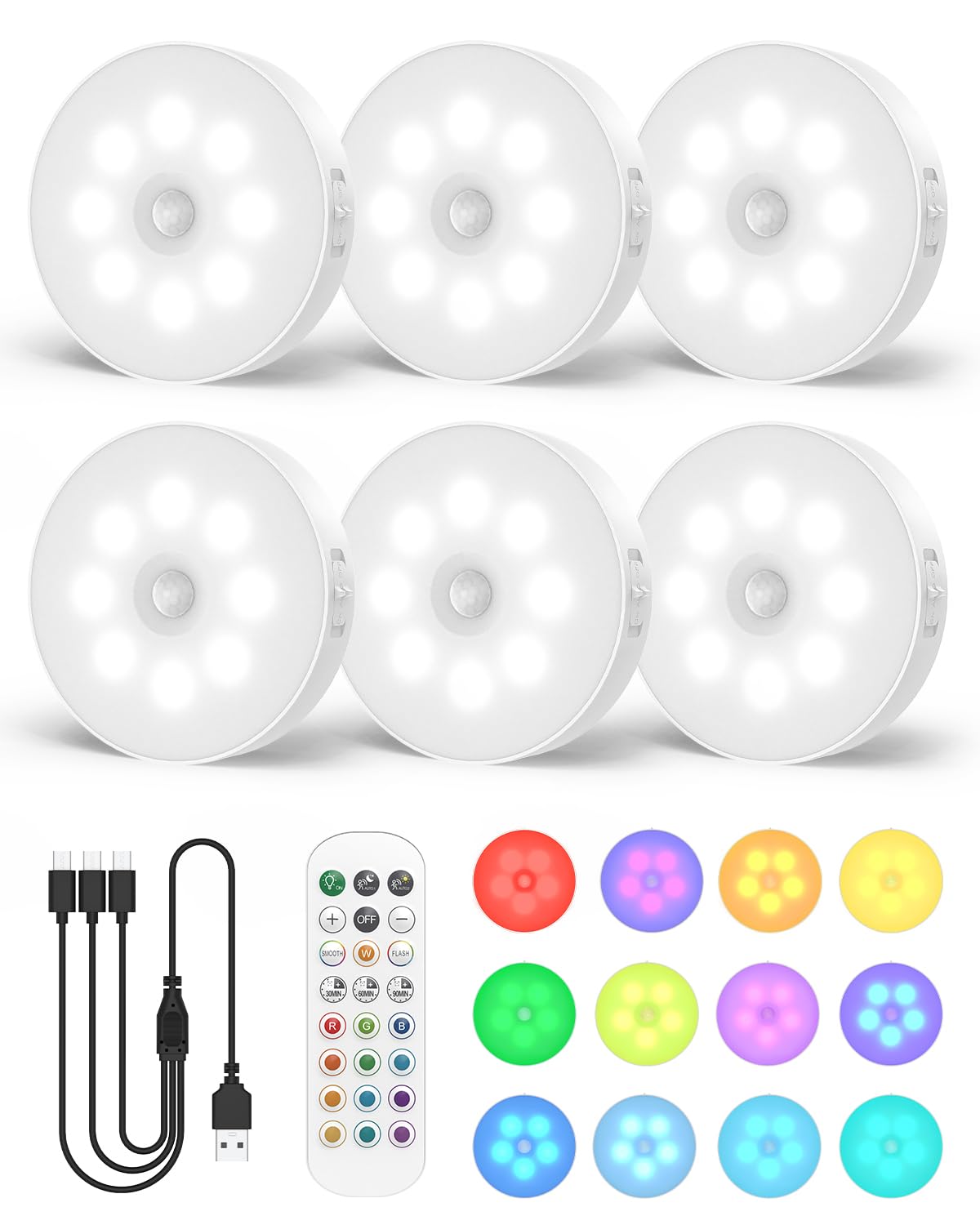 Goodea RGB Under Cabinet Lighting, LED Rechargeable Puck Lights with Remote, 13 Color Motion Sensor Lights Indoor, Dimmable Clos