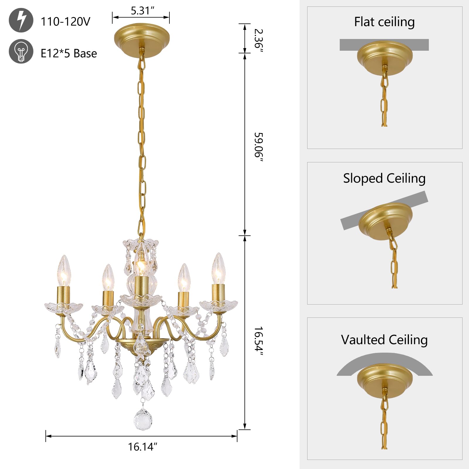 Chanlited Modern 5-Light Gold Chandelier With Glass Crystals, Candle Style Pendant Light Fixtures For Living Room, Girls Room, K