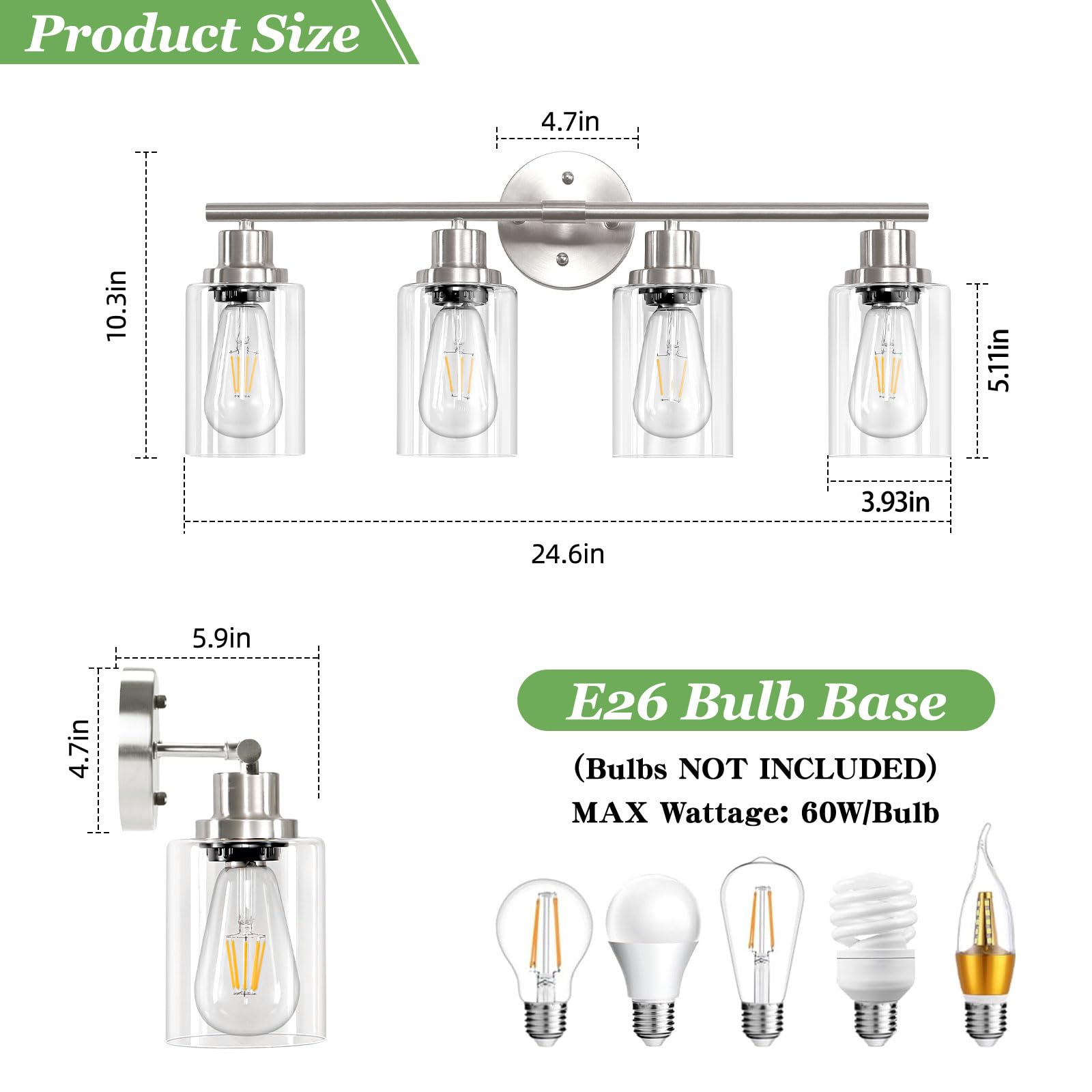 Guliaofo 4-Light Nickel Bathroom Light Fixtures, E26 Modern Vanity Lights, Clear Glass Shade, Model Gu-111-QGN-4