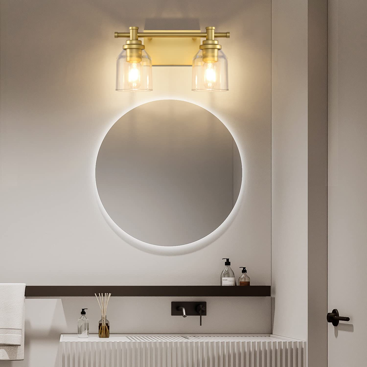 SOLFART Golden Vanity Light Fixture - 2 Lights, Glass Shade, Vintage Wall Lighting for Bathroom Over Mirror