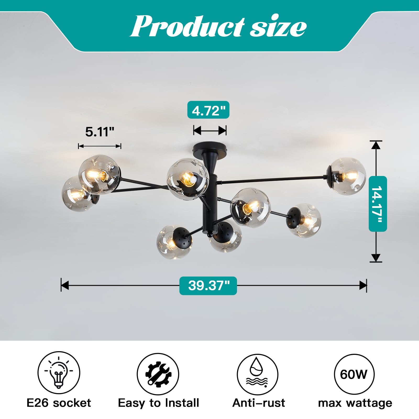hesoge Modern Sputnik Ceiling Light Fixture - 8 Light Semi Flush Mount Chandelier, Black Iron with Glass Globes for Dining Room, Model H-1321