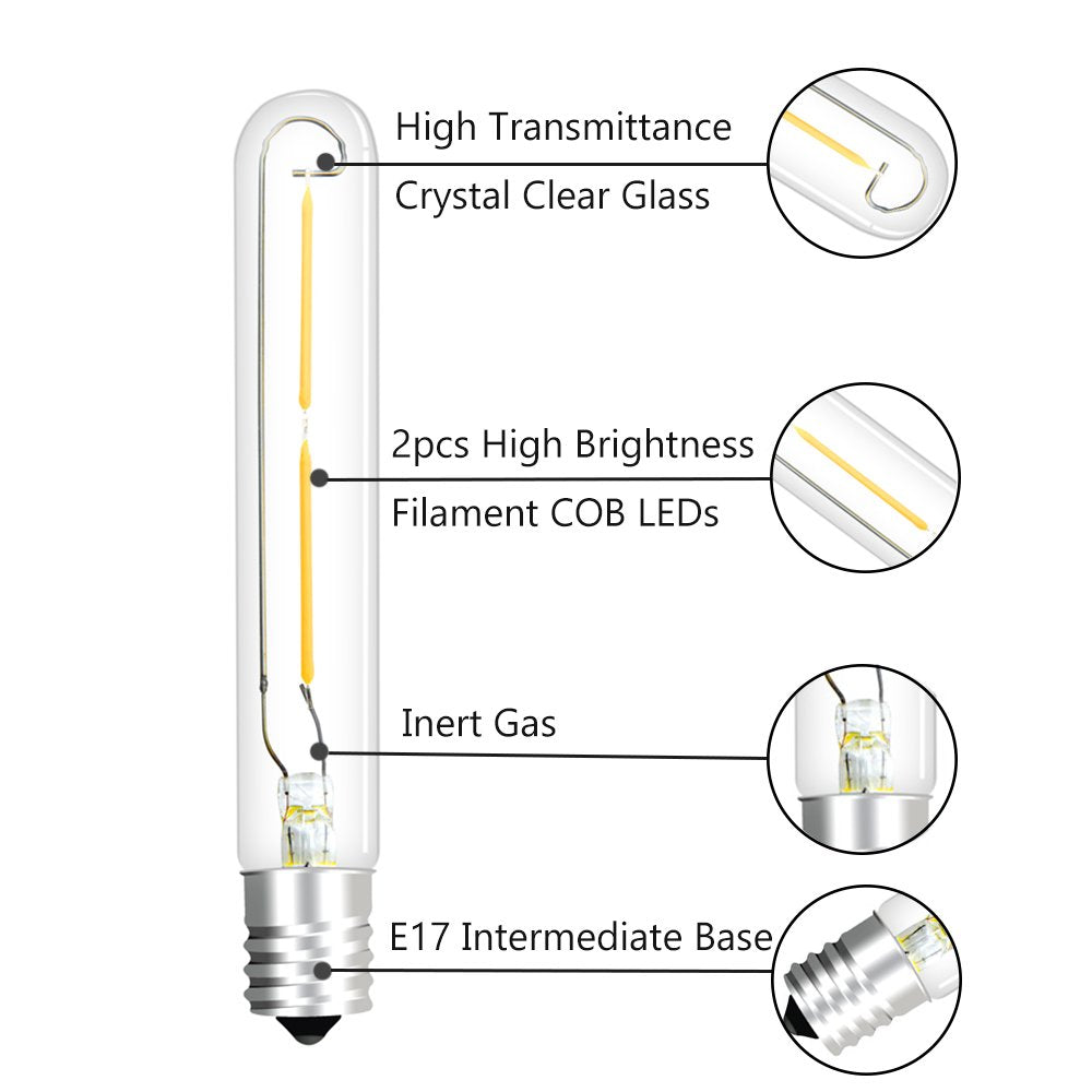 Bonlux Led T6.5 Tubular Filament Bulb, 2W T6.5 Led Appliance Light Bulb E17 Intermediate Base, 20W Incandescent Equivalent For E