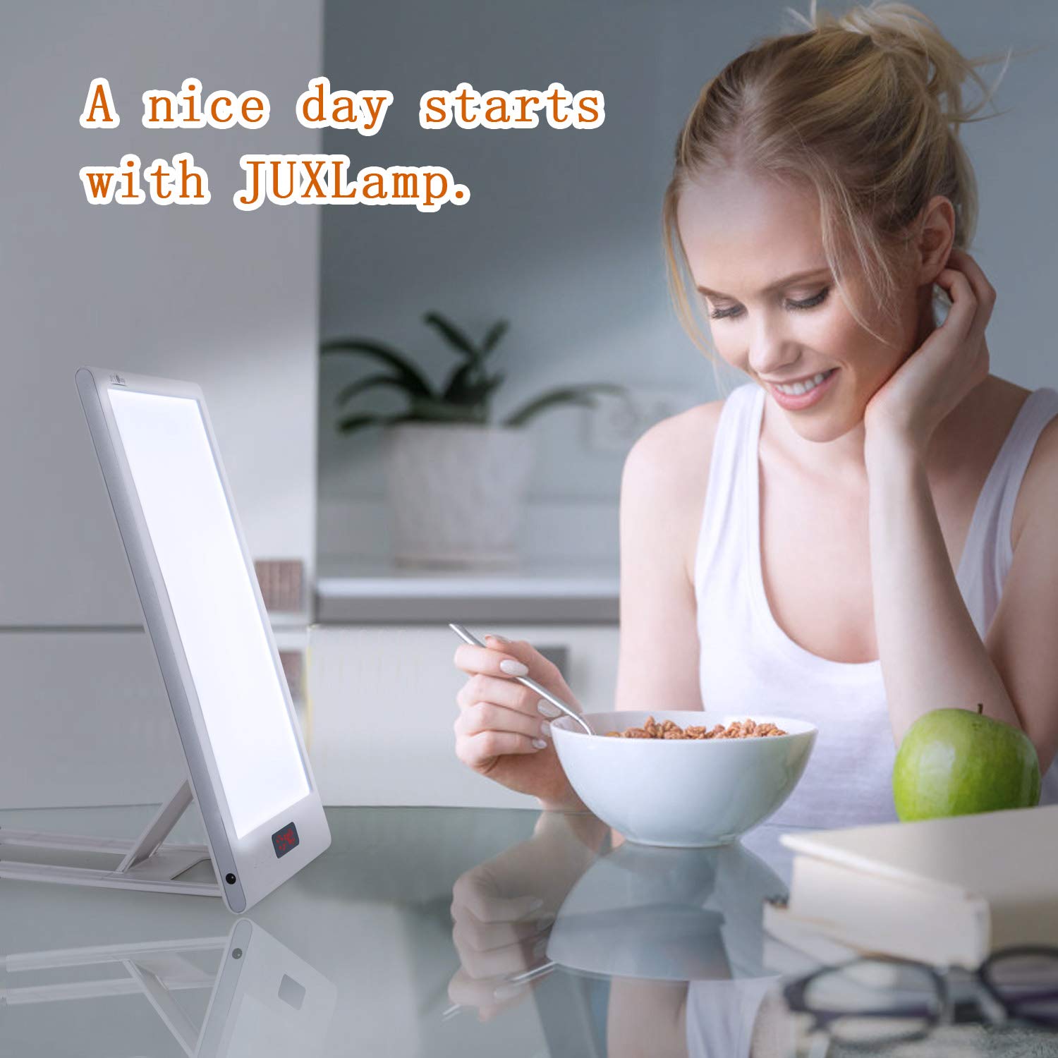 JUXLamp Sunrise Wake-Up Light Therapy Alarm Clock, 12000lux, UV-Free, Model SAD-DP-21, White